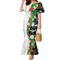 Hawaiian Tropical Flowers and Leaves Family Matching Mermaid Dress and Hawaiian Shirt on Leopard Pattern Half Style White-Black Version LT03 Mom's Dress White - Polynesian Pride