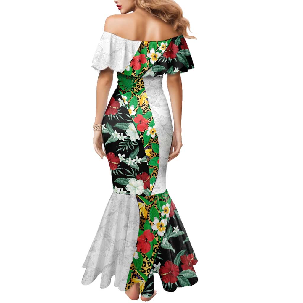 Hawaiian Tropical Flowers and Leaves Family Matching Mermaid Dress and Hawaiian Shirt on Leopard Pattern Half Style White-Black Version LT03 - Polynesian Pride