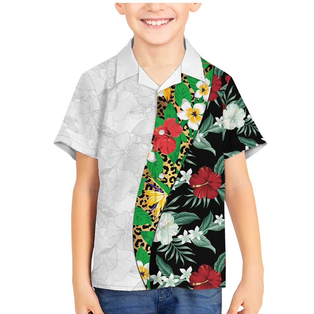 Hawaiian Tropical Flowers and Leaves Family Matching Mermaid Dress and Hawaiian Shirt on Leopard Pattern Half Style White-Black Version LT03 Son's Shirt White - Polynesian Pride