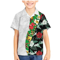 Hawaiian Tropical Flowers and Leaves Family Matching Mermaid Dress and Hawaiian Shirt on Leopard Pattern Half Style White-Black Version LT03 Son's Shirt White - Polynesian Pride