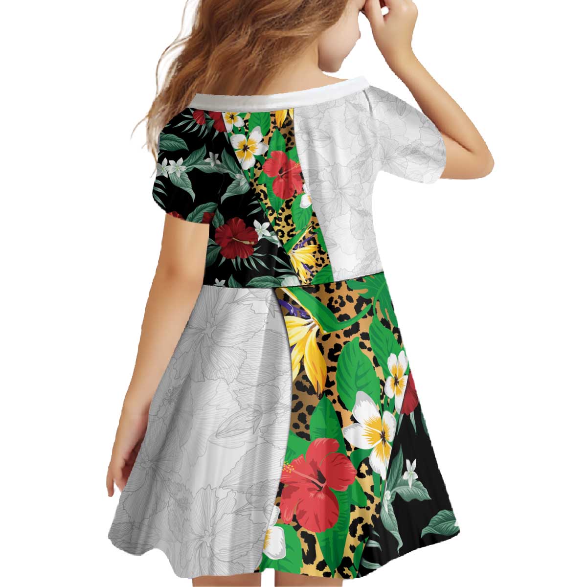 Hawaiian Tropical Flowers and Leaves Family Matching Off The Shoulder Long Sleeve Dress and Hawaiian Shirt on Leopard Pattern Half Style White-Black Version - Polynesian Pride