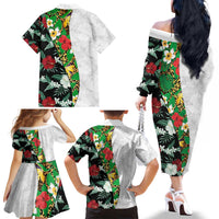 Hawaiian Tropical Flowers and Leaves Family Matching Off The Shoulder Long Sleeve Dress and Hawaiian Shirt on Leopard Pattern Half Style White-Black Version - Polynesian Pride