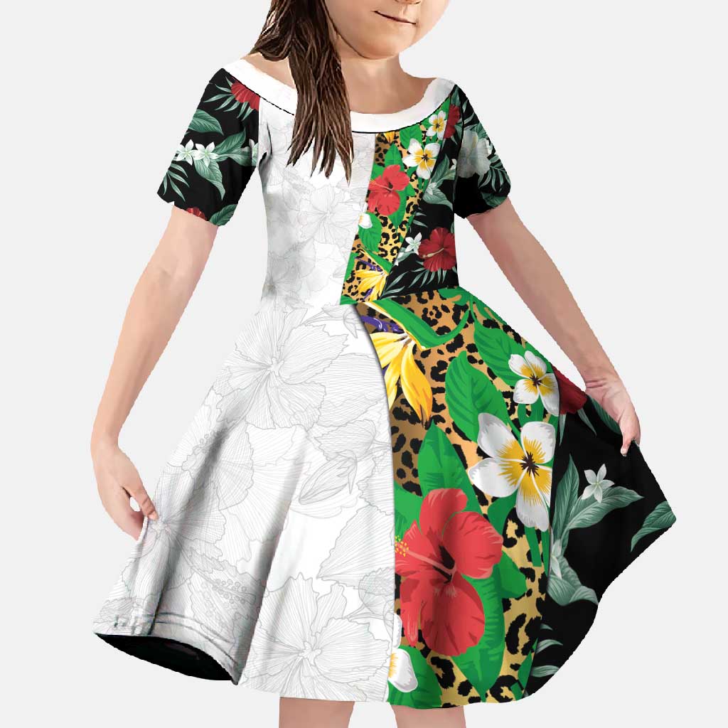 Hawaiian Tropical Flowers and Leaves Family Matching Off Shoulder Maxi Dress and Hawaiian Shirt on Leopard Pattern Half Style White-Black Version LT03 Daughter's Dress White - Polynesian Pride