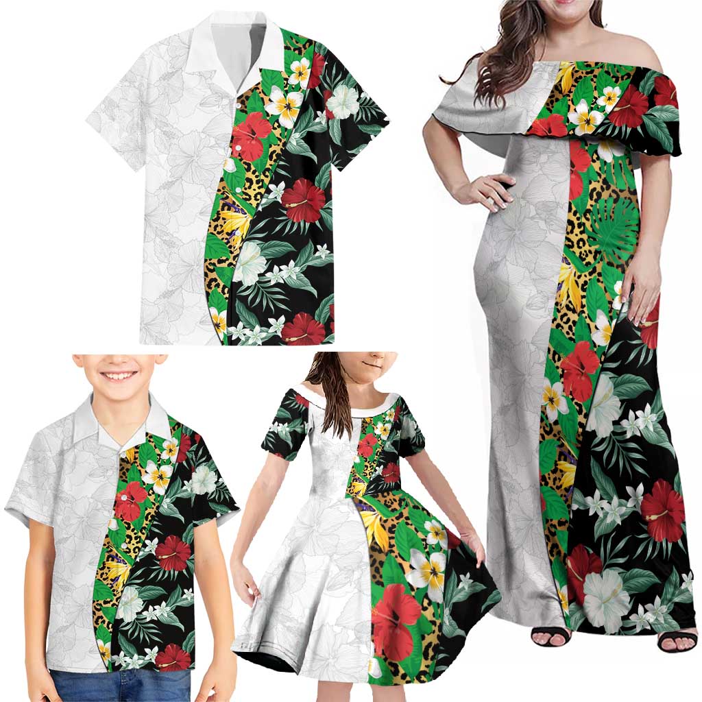 Hawaiian Tropical Flowers and Leaves Family Matching Off Shoulder Maxi Dress and Hawaiian Shirt on Leopard Pattern Half Style White-Black Version LT03 - Polynesian Pride