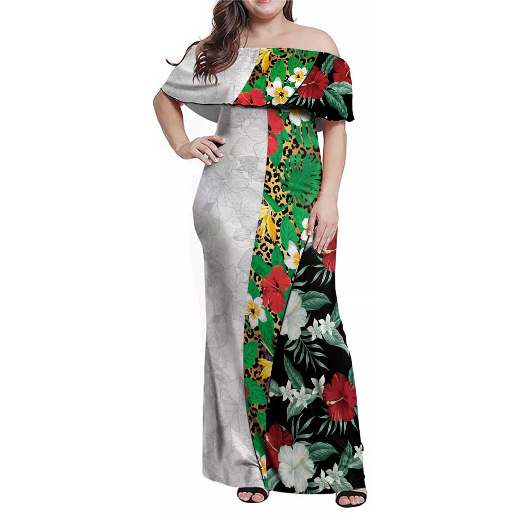 Hawaiian Tropical Flowers and Leaves Family Matching Off Shoulder Maxi Dress and Hawaiian Shirt on Leopard Pattern Half Style White-Black Version LT03 Mom's Dress White - Polynesian Pride