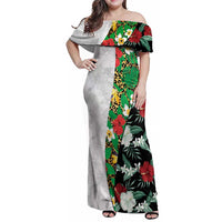 Hawaiian Tropical Flowers and Leaves Family Matching Off Shoulder Maxi Dress and Hawaiian Shirt on Leopard Pattern Half Style White-Black Version LT03 Mom's Dress White - Polynesian Pride