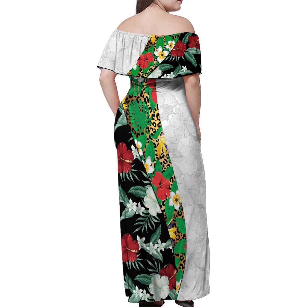 Hawaiian Tropical Flowers and Leaves Family Matching Off Shoulder Maxi Dress and Hawaiian Shirt on Leopard Pattern Half Style White-Black Version LT03 - Polynesian Pride
