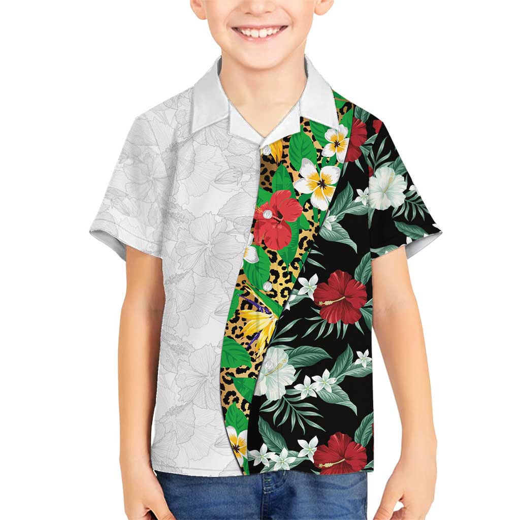 Hawaiian Tropical Flowers and Leaves Family Matching Off Shoulder Maxi Dress and Hawaiian Shirt on Leopard Pattern Half Style White-Black Version LT03 Son's Shirt White - Polynesian Pride
