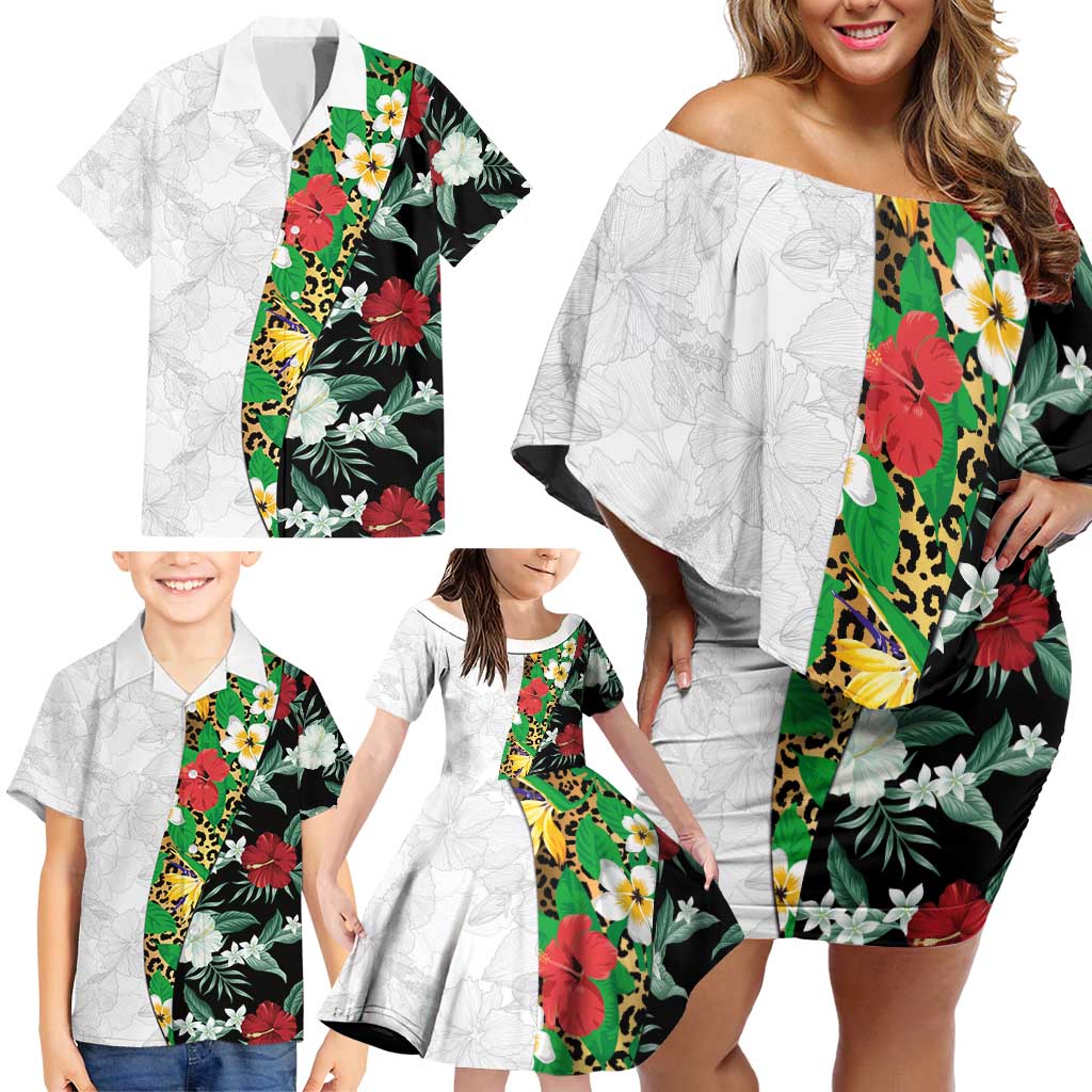 Hawaiian Tropical Flowers and Leaves Family Matching Off Shoulder Short Dress and Hawaiian Shirt on Leopard Pattern Half Style White-Black Version LT03 - Polynesian Pride