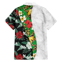 Hawaiian Tropical Flowers and Leaves Family Matching Off Shoulder Short Dress and Hawaiian Shirt on Leopard Pattern Half Style White-Black Version LT03 - Polynesian Pride