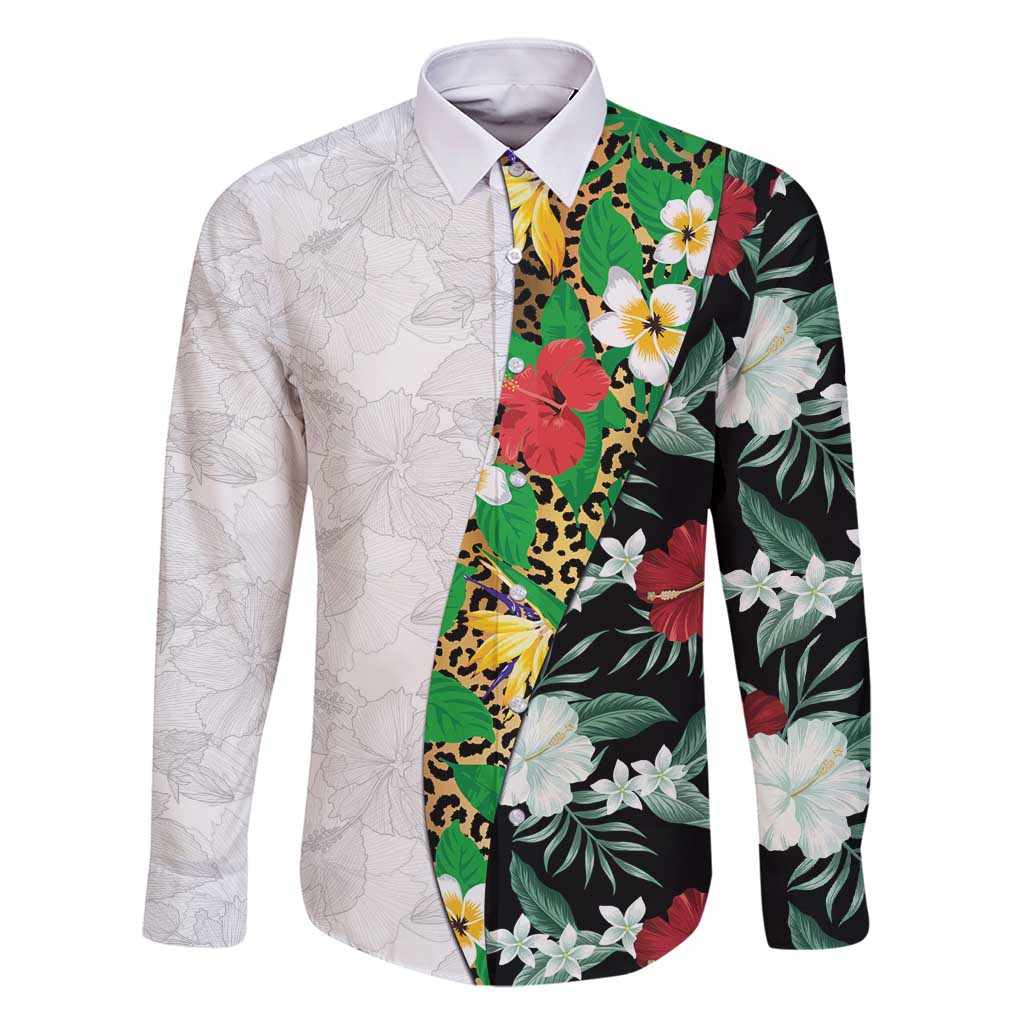Hawaiian Tropical Flowers and Leaves Family Matching Off Shoulder Short Dress and Hawaiian Shirt on Leopard Pattern Half Style White-Black Version LT03 Dad's Shirt - Long Sleeve White - Polynesian Pride