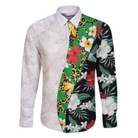 Hawaiian Tropical Flowers and Leaves Family Matching Off Shoulder Short Dress and Hawaiian Shirt on Leopard Pattern Half Style White-Black Version LT03 Dad's Shirt - Long Sleeve White - Polynesian Pride