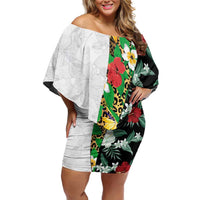 Hawaiian Tropical Flowers and Leaves Family Matching Off Shoulder Short Dress and Hawaiian Shirt on Leopard Pattern Half Style White-Black Version LT03 Mom's Dress White - Polynesian Pride