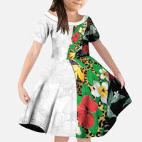 Hawaiian Tropical Flowers and Leaves Family Matching Puletasi and Hawaiian Shirt on Leopard Pattern Half Style White-Black Version LT03 Daughter's Dress White - Polynesian Pride