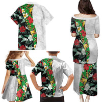 Hawaiian Tropical Flowers and Leaves Family Matching Puletasi and Hawaiian Shirt on Leopard Pattern Half Style White-Black Version LT03 - Polynesian Pride