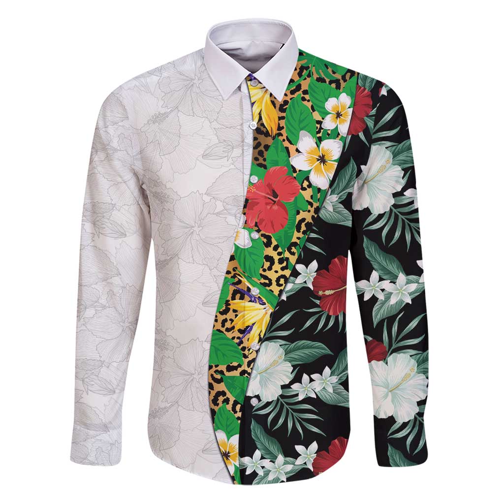 Hawaiian Tropical Flowers and Leaves Family Matching Puletasi and Hawaiian Shirt on Leopard Pattern Half Style White-Black Version LT03 Dad's Shirt - Long Sleeve White - Polynesian Pride