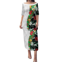 Hawaiian Tropical Flowers and Leaves Family Matching Puletasi and Hawaiian Shirt on Leopard Pattern Half Style White-Black Version LT03 Mom's Dress White - Polynesian Pride