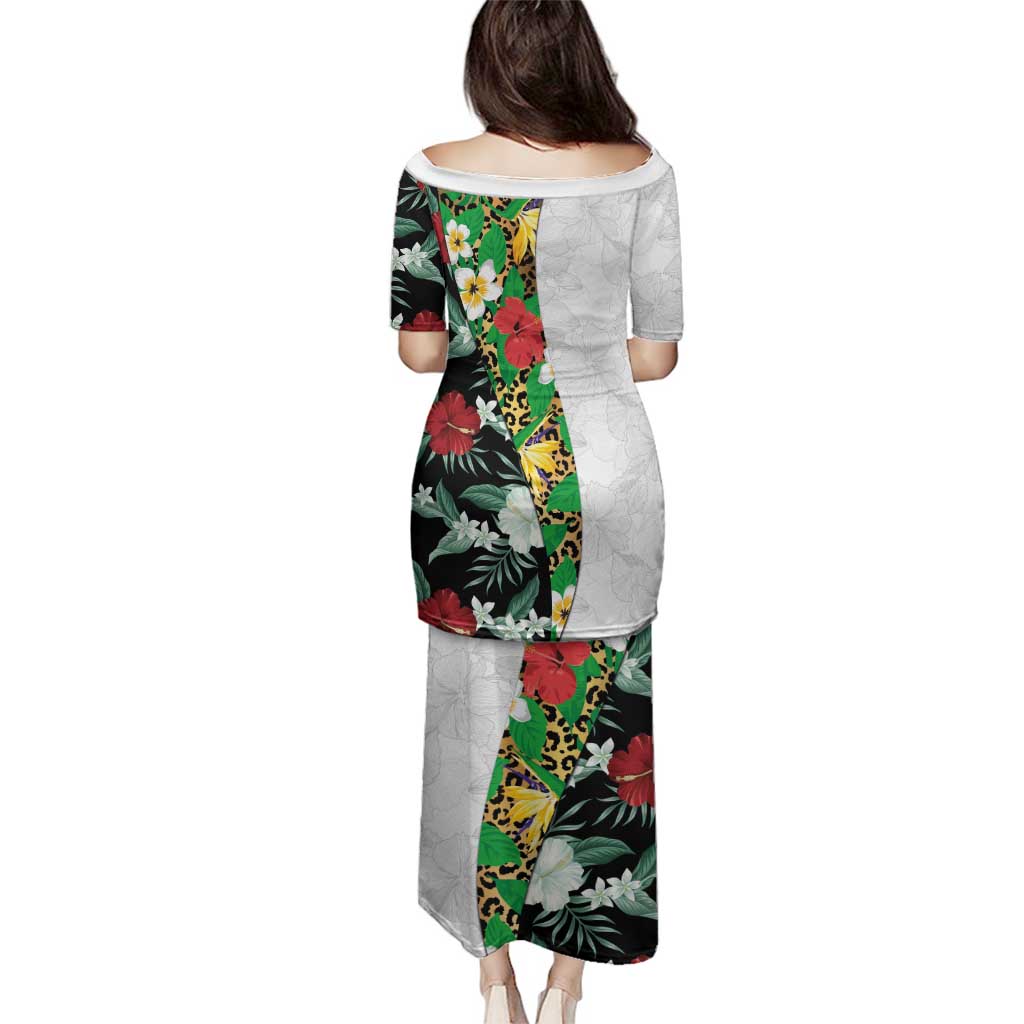 Hawaiian Tropical Flowers and Leaves Family Matching Puletasi and Hawaiian Shirt on Leopard Pattern Half Style White-Black Version LT03 - Polynesian Pride