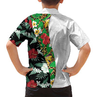 Hawaiian Tropical Flowers and Leaves Family Matching Short Sleeve Bodycon Dress and Hawaiian Shirt on Leopard Pattern Half Style White-Black Version - Polynesian Pride