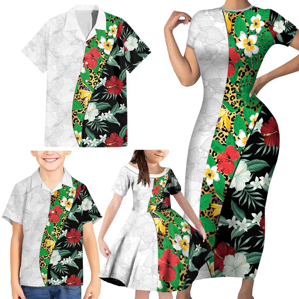 Hawaiian Tropical Flowers and Leaves Family Matching Short Sleeve Bodycon Dress and Hawaiian Shirt on Leopard Pattern Half Style White-Black Version - Polynesian Pride