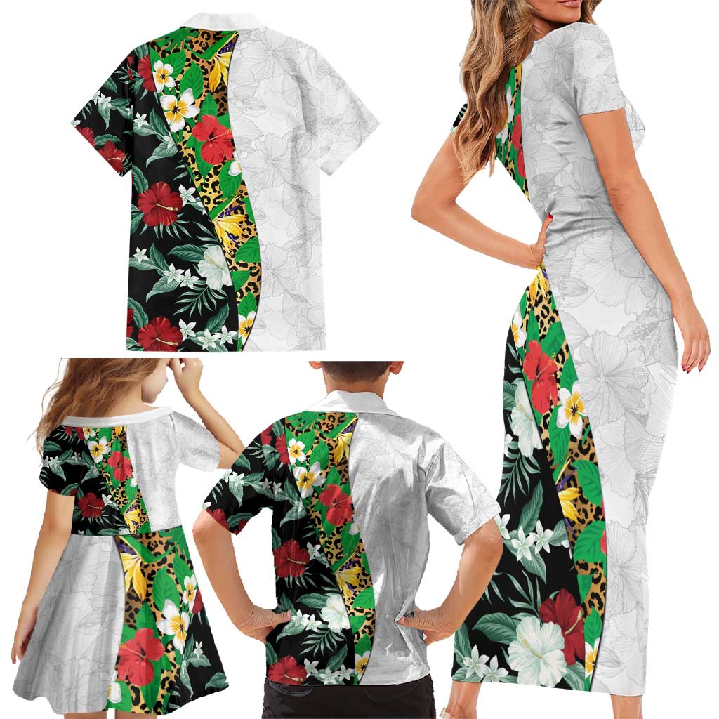 Hawaiian Tropical Flowers and Leaves Family Matching Short Sleeve Bodycon Dress and Hawaiian Shirt on Leopard Pattern Half Style White-Black Version - Polynesian Pride