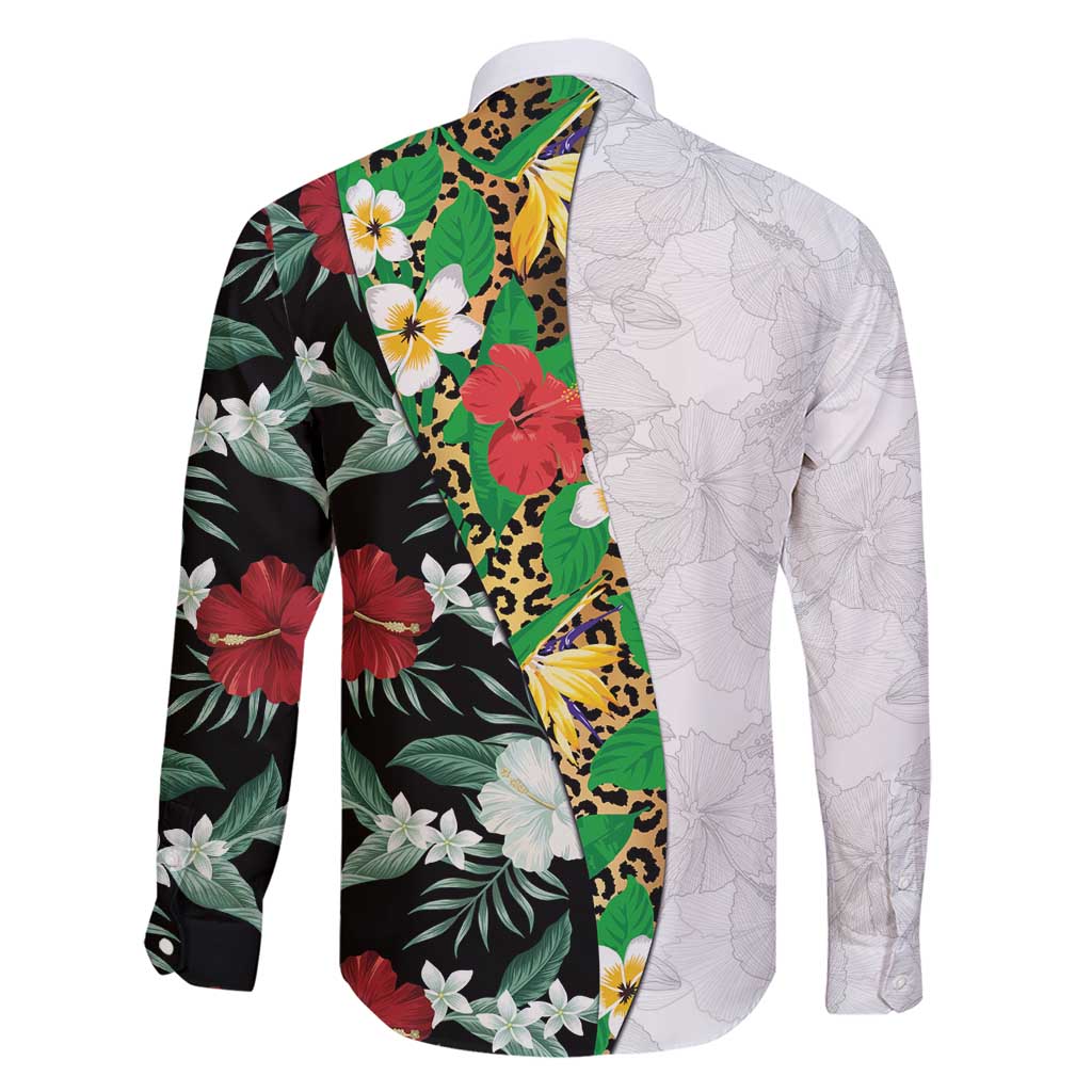 Hawaiian Tropical Flowers and Leaves Family Matching Short Sleeve Bodycon Dress and Hawaiian Shirt on Leopard Pattern Half Style White-Black Version - Polynesian Pride