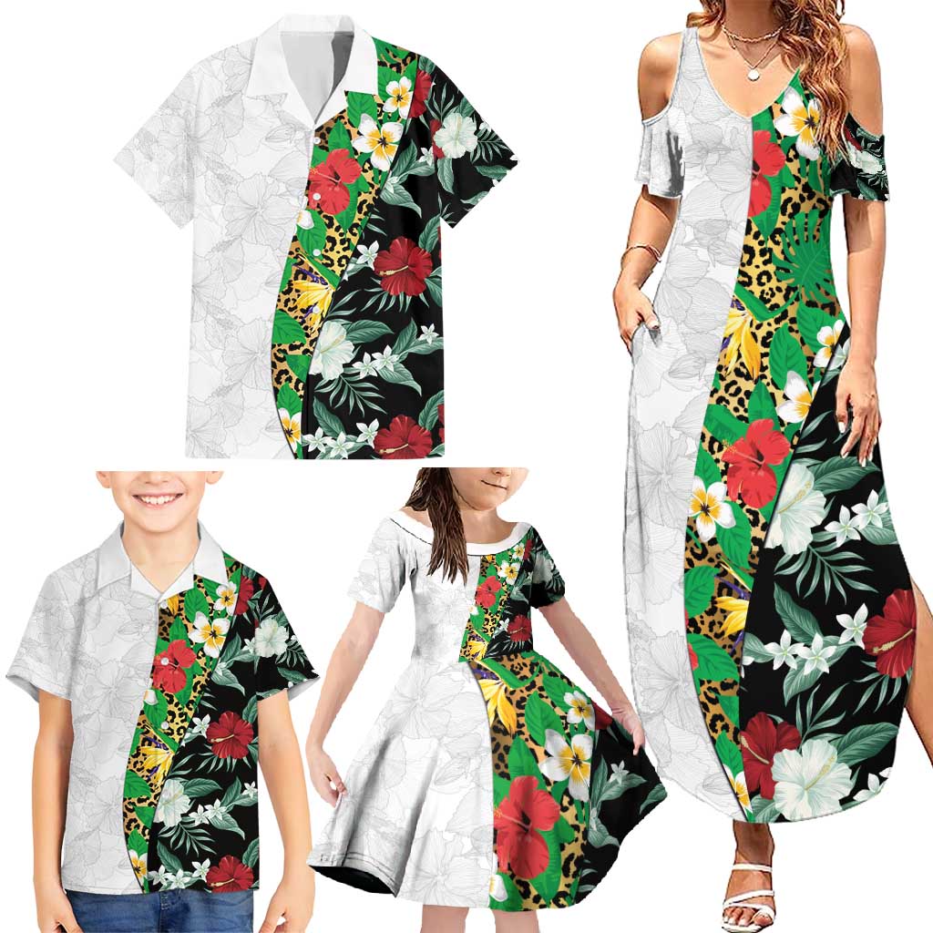 Hawaiian Tropical Flowers and Leaves Family Matching Summer Maxi Dress and Hawaiian Shirt on Leopard Pattern Half Style White-Black Version LT03 - Polynesian Pride