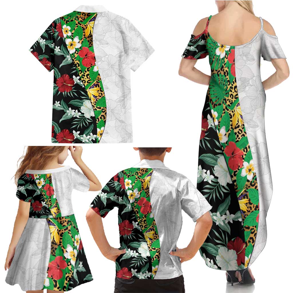 Hawaiian Tropical Flowers and Leaves Family Matching Summer Maxi Dress and Hawaiian Shirt on Leopard Pattern Half Style White-Black Version LT03 - Polynesian Pride