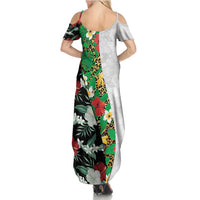 Hawaiian Tropical Flowers and Leaves Family Matching Summer Maxi Dress and Hawaiian Shirt on Leopard Pattern Half Style White-Black Version LT03 - Polynesian Pride