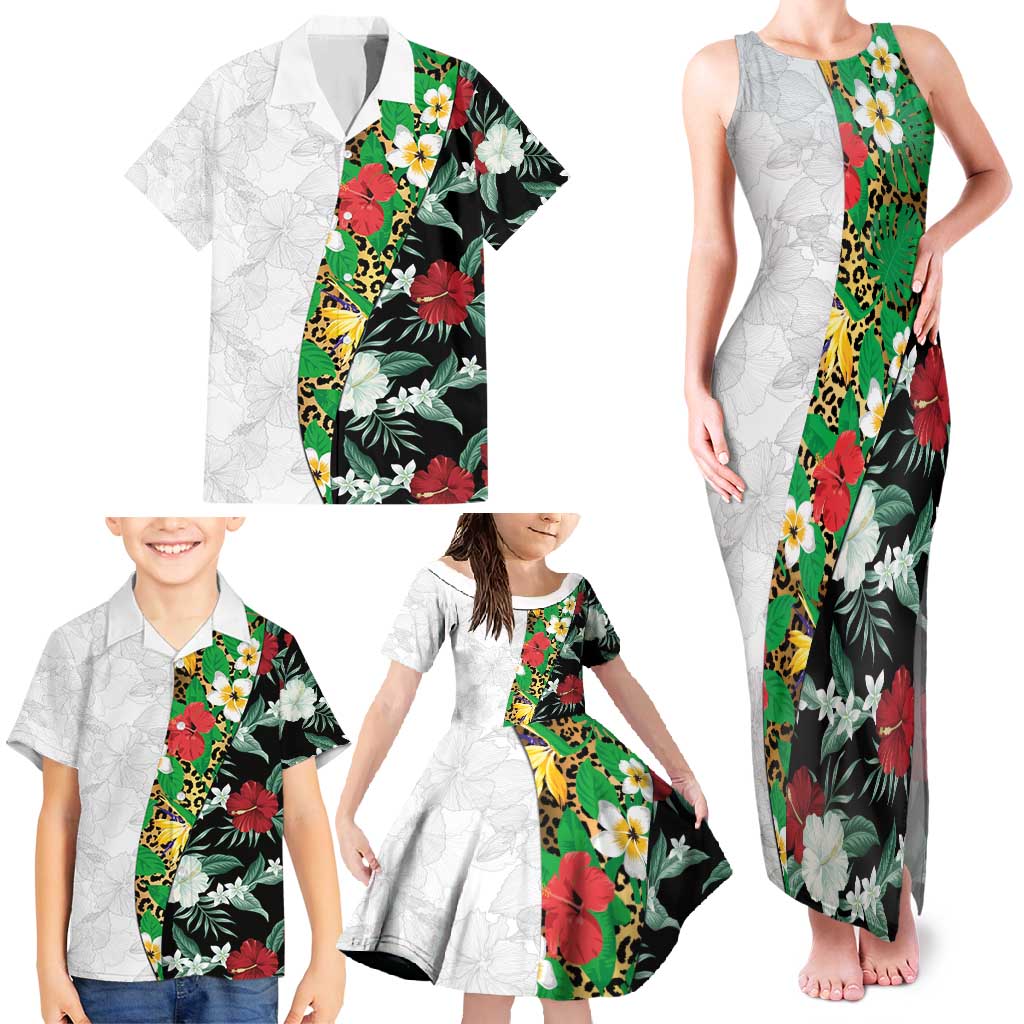 Hawaiian Tropical Flowers and Leaves Family Matching Tank Maxi Dress and Hawaiian Shirt on Leopard Pattern Half Style White-Black Version LT03 - Polynesian Pride