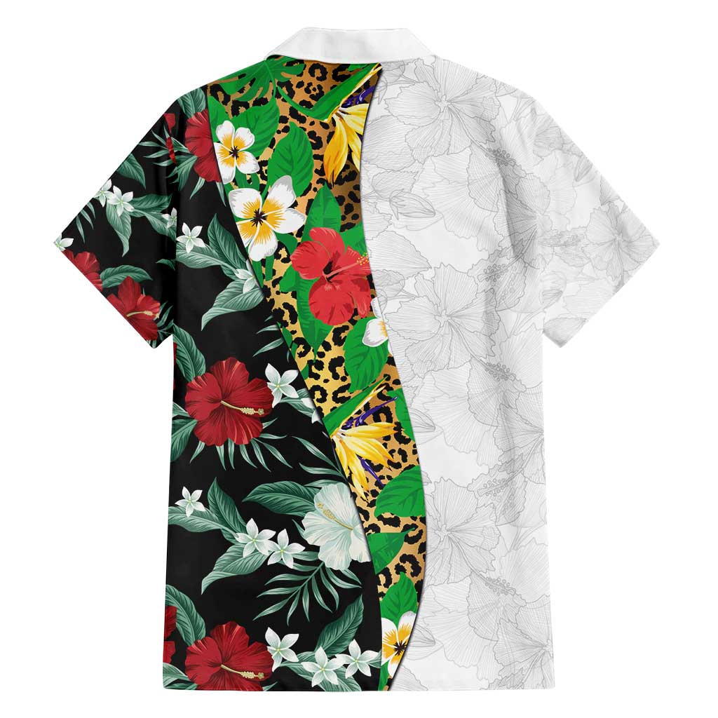 Hawaiian Tropical Flowers and Leaves Family Matching Tank Maxi Dress and Hawaiian Shirt on Leopard Pattern Half Style White-Black Version LT03 - Polynesian Pride
