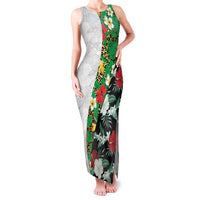 Hawaiian Tropical Flowers and Leaves Family Matching Tank Maxi Dress and Hawaiian Shirt on Leopard Pattern Half Style White-Black Version LT03 Mom's Dress White - Polynesian Pride