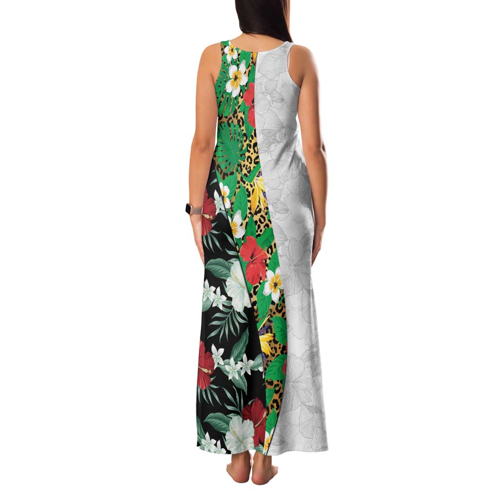 Hawaiian Tropical Flowers and Leaves Family Matching Tank Maxi Dress and Hawaiian Shirt on Leopard Pattern Half Style White-Black Version LT03 - Polynesian Pride