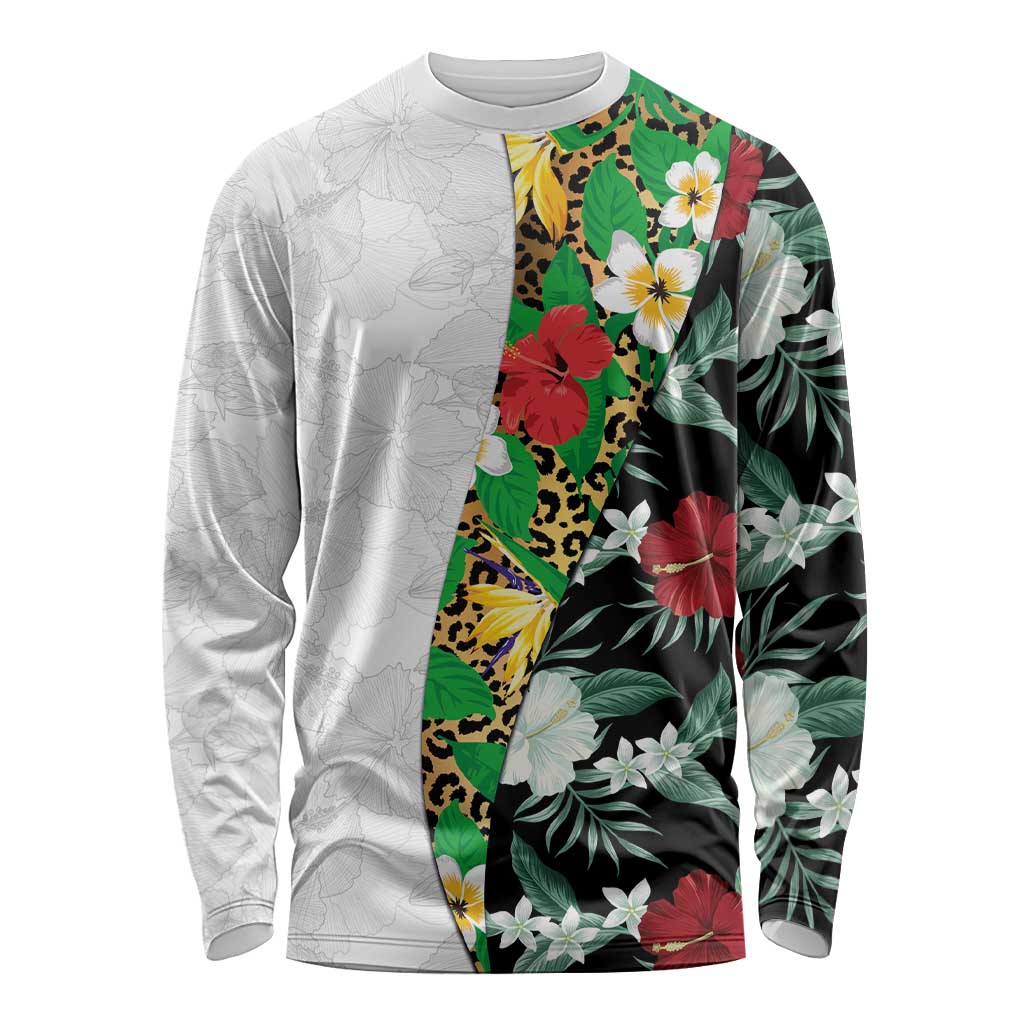 Hawaiian Tropical Flowers and Leaves Long Sleeve Shirt on Leopard Pattern Half Style White-Black Version LT03 Unisex White - Polynesian Pride