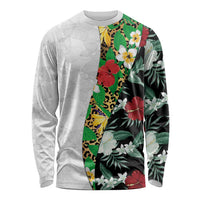 Hawaiian Tropical Flowers and Leaves Long Sleeve Shirt on Leopard Pattern Half Style White-Black Version LT03 Unisex White - Polynesian Pride