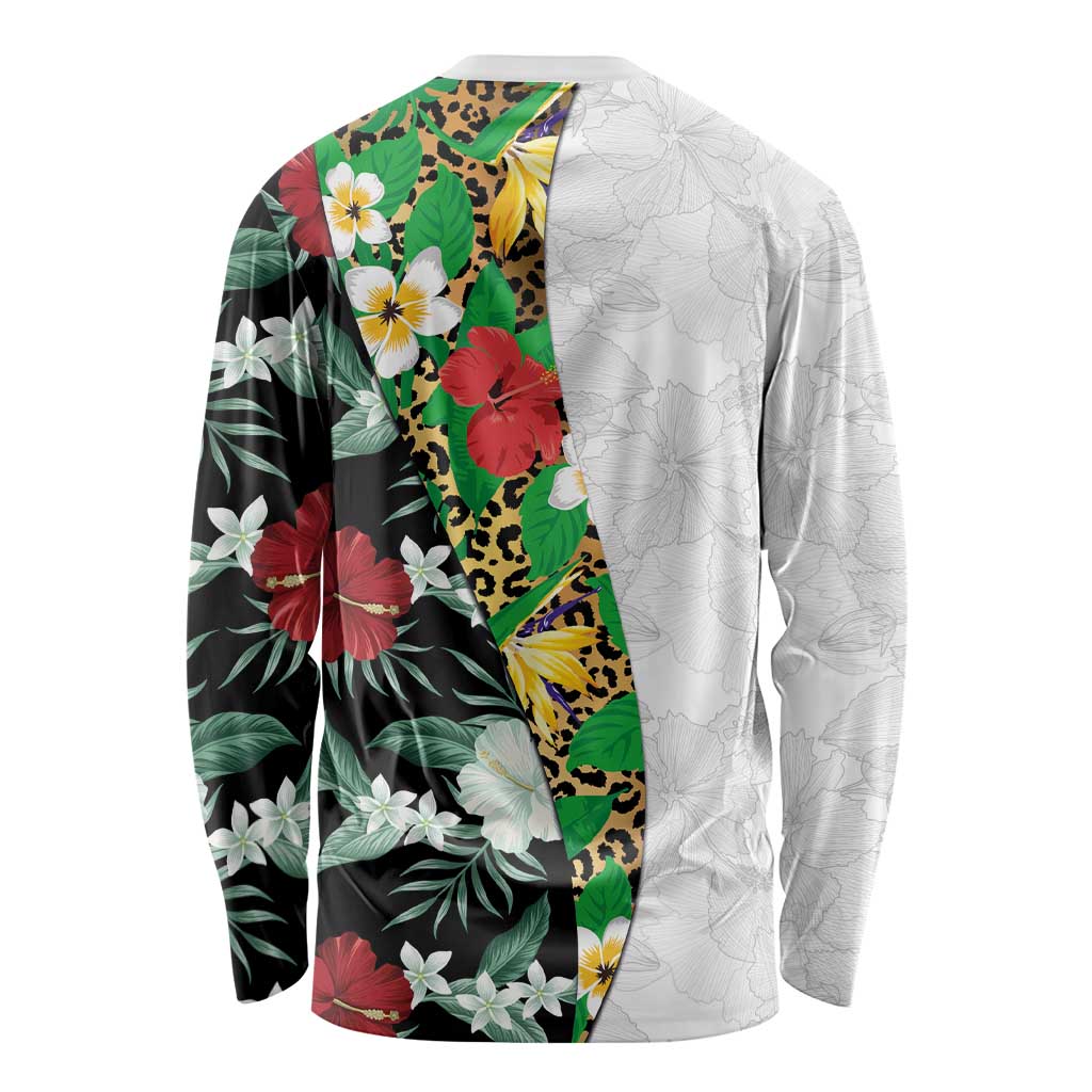 Hawaiian Tropical Flowers and Leaves Long Sleeve Shirt on Leopard Pattern Half Style White-Black Version LT03 - Polynesian Pride
