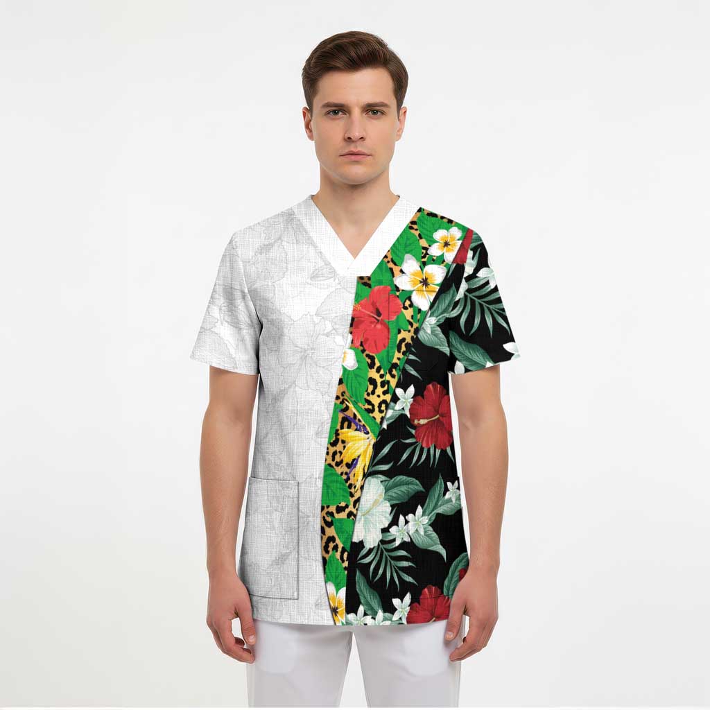 Hawaiian Tropical Flowers and Leaves Scrub Top on Leopard Pattern Half Style White-Black Version - Polynesian Pride
