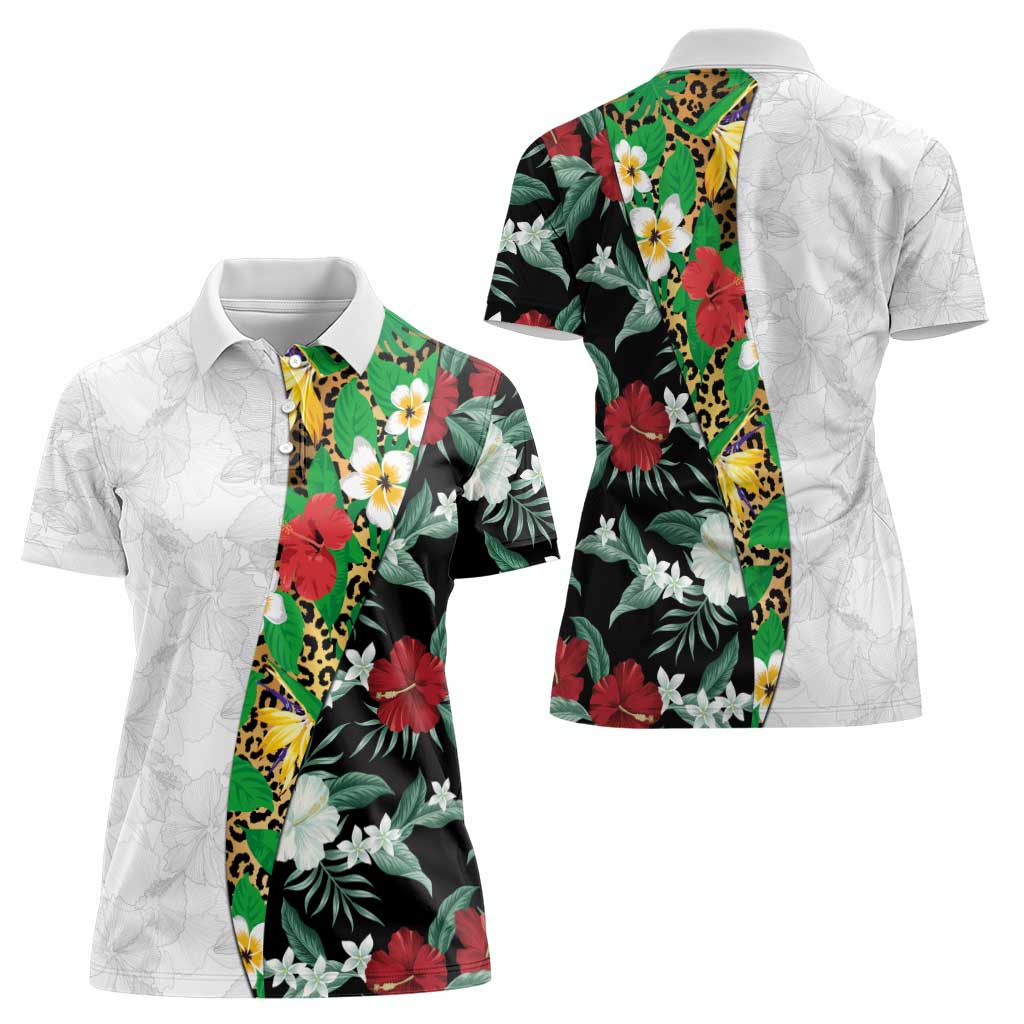 Hawaiian Tropical Flowers and Leaves Women Polo Shirt on Leopard Pattern Half Style White-Black Version - Polynesian Pride