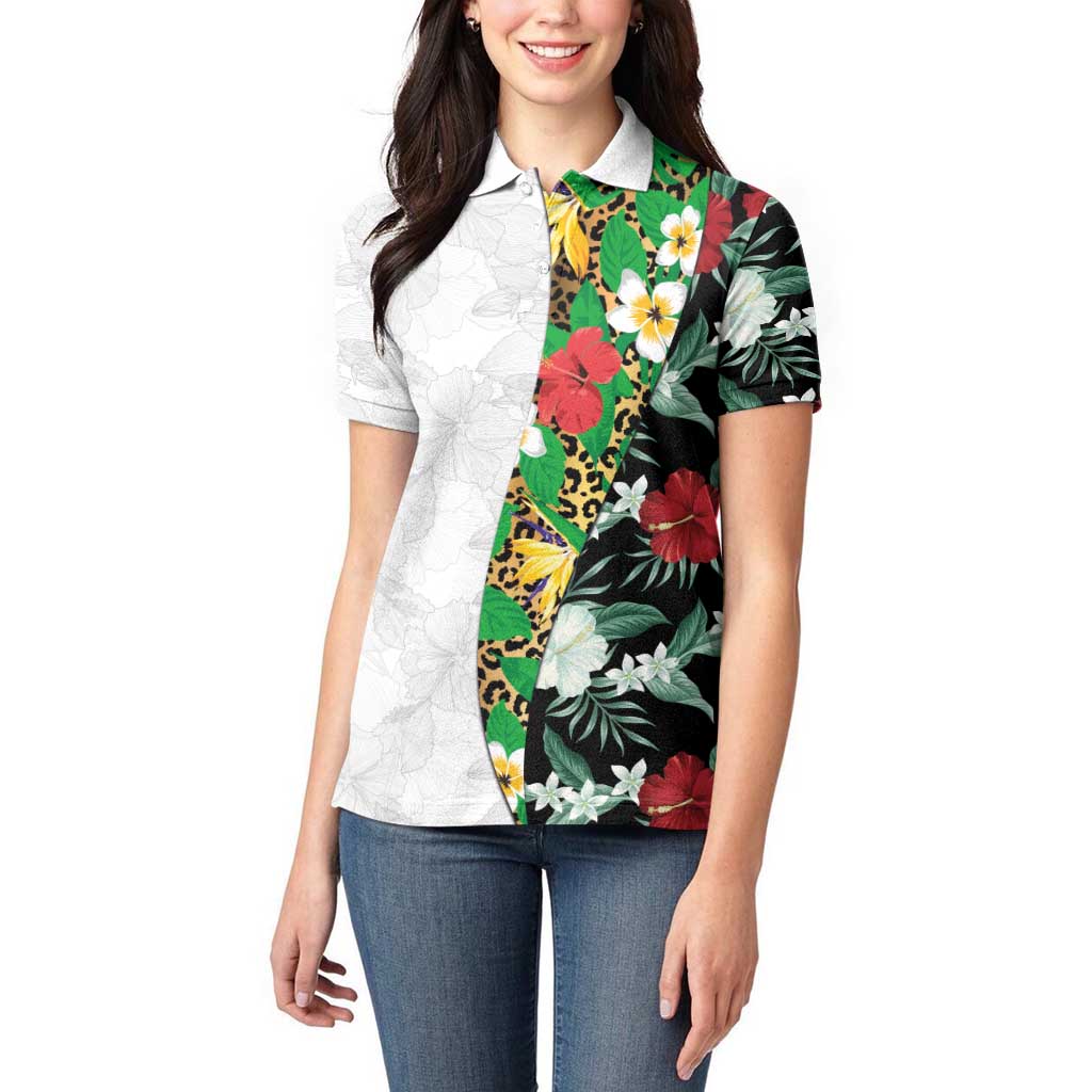 Hawaiian Tropical Flowers and Leaves Women Polo Shirt on Leopard Pattern Half Style White-Black Version - Polynesian Pride