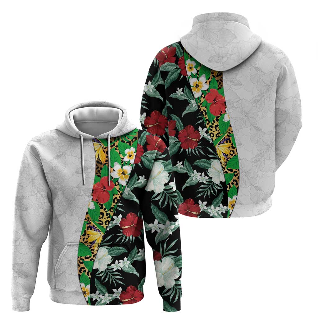 Hawaiian Tropical Flowers and Leaves Zip Hoodie on Leopard Pattern Half Style White-Black Version - Polynesian Pride