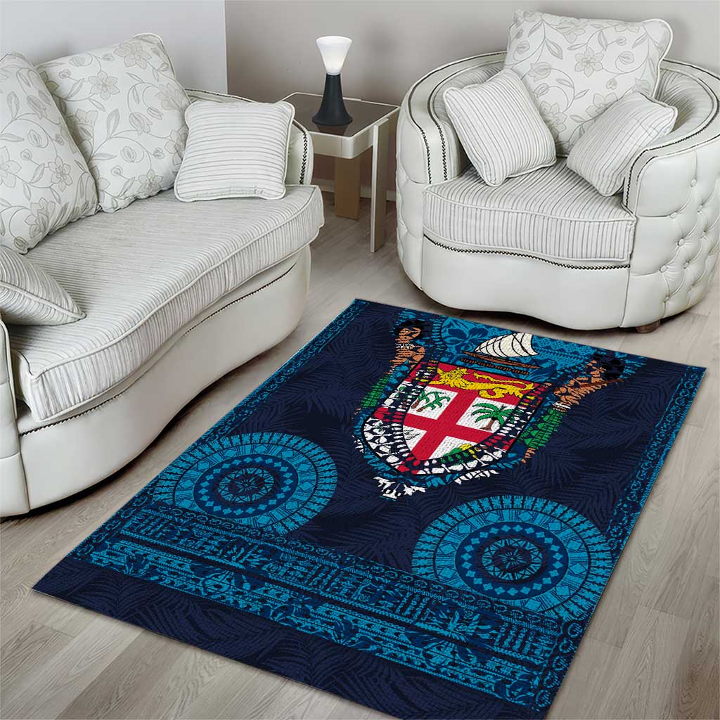 Fiji Coat of Arms Traditional Dashiki Area Rug Tapa Art and Palm Leaves Pattern Dark Navy Color LT03 - Polynesian Pride