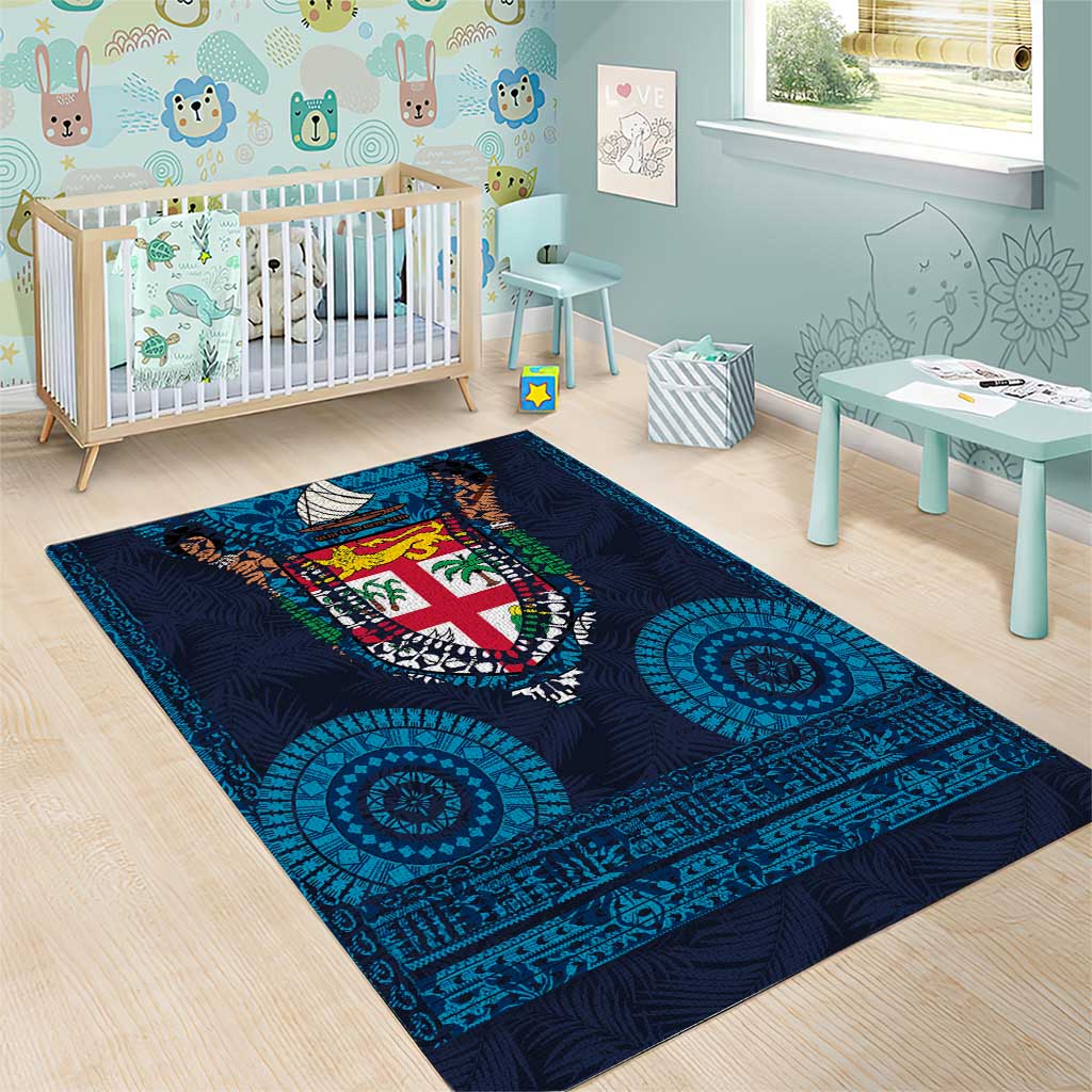 Fiji Coat of Arms Traditional Dashiki Area Rug Tapa Art and Palm Leaves Pattern Dark Navy Color LT03 - Polynesian Pride