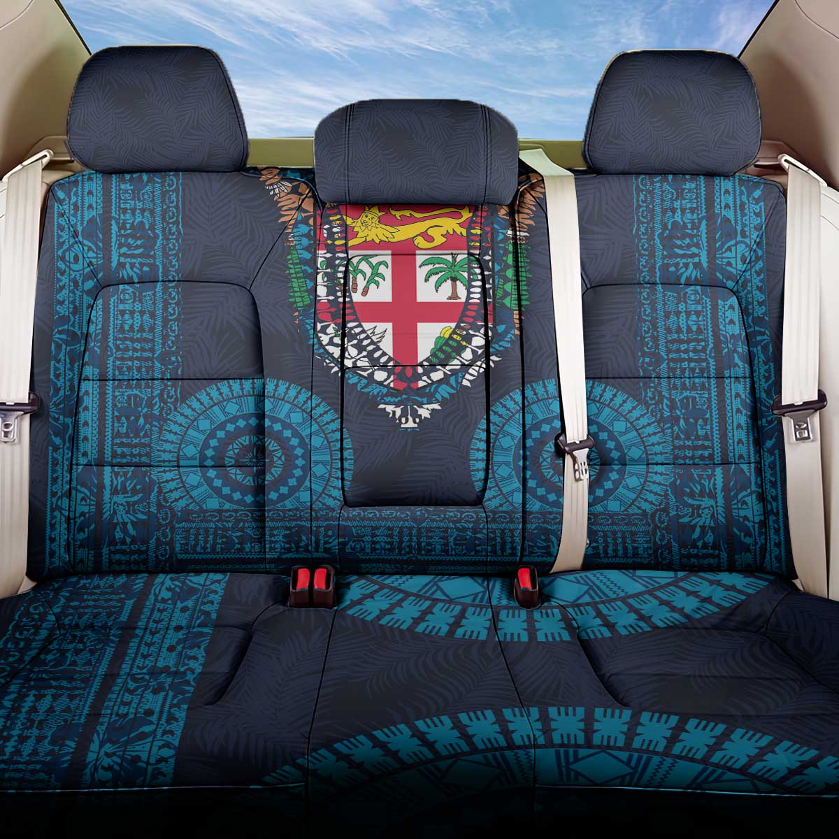 Fiji Coat of Arms Traditional Dashiki Back Car Seat Cover Tapa Art and Palm Leaves Pattern Dark Navy Color LT03 One Size Navy - Polynesian Pride