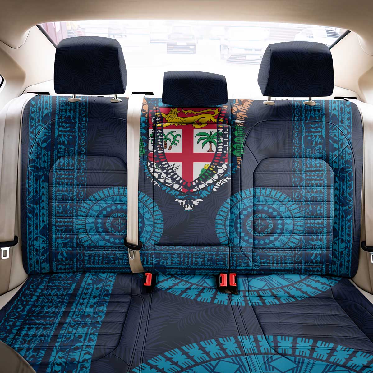 Fiji Coat of Arms Traditional Dashiki Back Car Seat Cover Tapa Art and Palm Leaves Pattern Dark Navy Color LT03 - Polynesian Pride