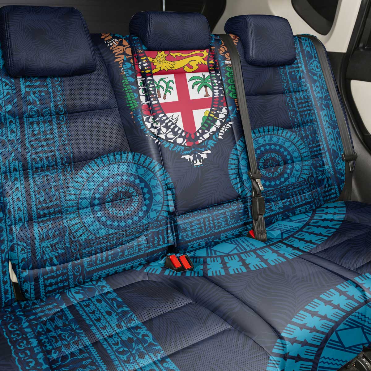 Fiji Coat of Arms Traditional Dashiki Back Car Seat Cover Tapa Art and Palm Leaves Pattern Dark Navy Color LT03 - Polynesian Pride