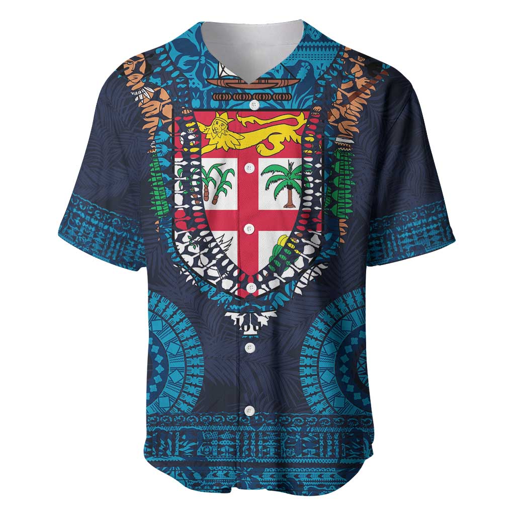 Fiji Coat of Arms Traditional Dashiki Baseball Jersey Tapa Art and Palm Leaves Pattern Dark Navy Color LT03 Navy - Polynesian Pride