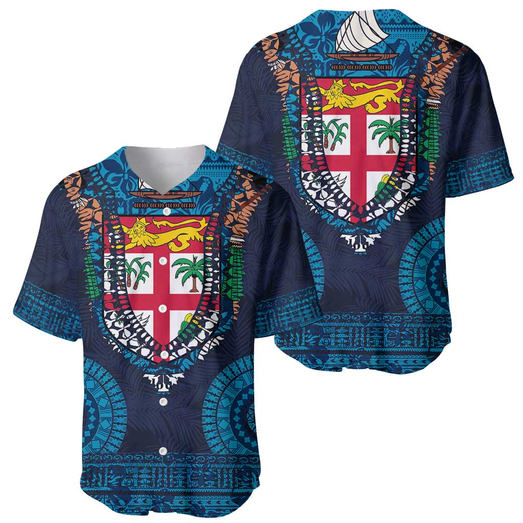 Fiji Coat of Arms Traditional Dashiki Baseball Jersey Tapa Art and Palm Leaves Pattern Dark Navy Color LT03 - Polynesian Pride