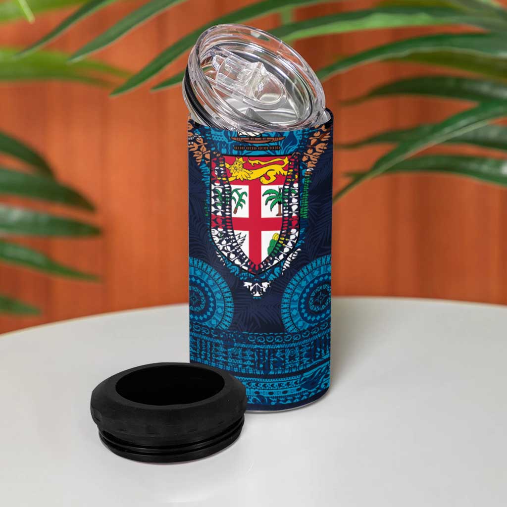Fiji Coat of Arms Traditional Dashiki 4 in 1 Can Cooler Tumbler Tapa Art and Palm Leaves Pattern Dark Navy Color LT03 - Polynesian Pride
