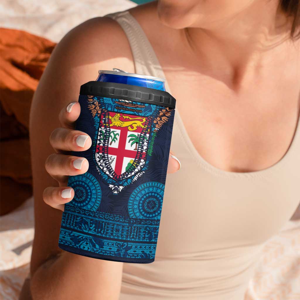 Fiji Coat of Arms Traditional Dashiki 4 in 1 Can Cooler Tumbler Tapa Art and Palm Leaves Pattern Dark Navy Color LT03 - Polynesian Pride