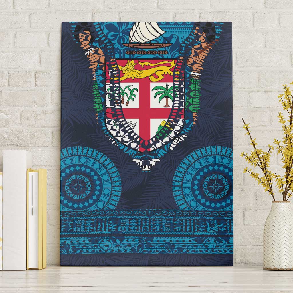 Fiji Coat of Arms Traditional Dashiki Canvas Wall Art Tapa Art and Palm Leaves Pattern Dark Navy Color LT03 Without Frame Navy - Polynesian Pride